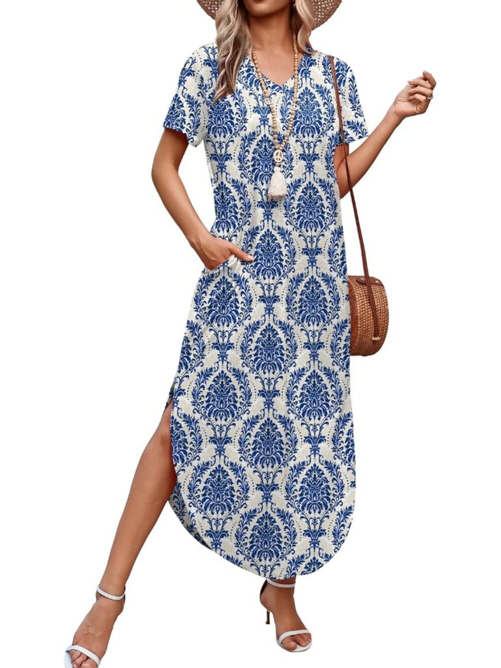Women's Blue Floral Dress Short Sleeve Pockets Pull On Vacation Beach 2026 - Picture 2 of 5